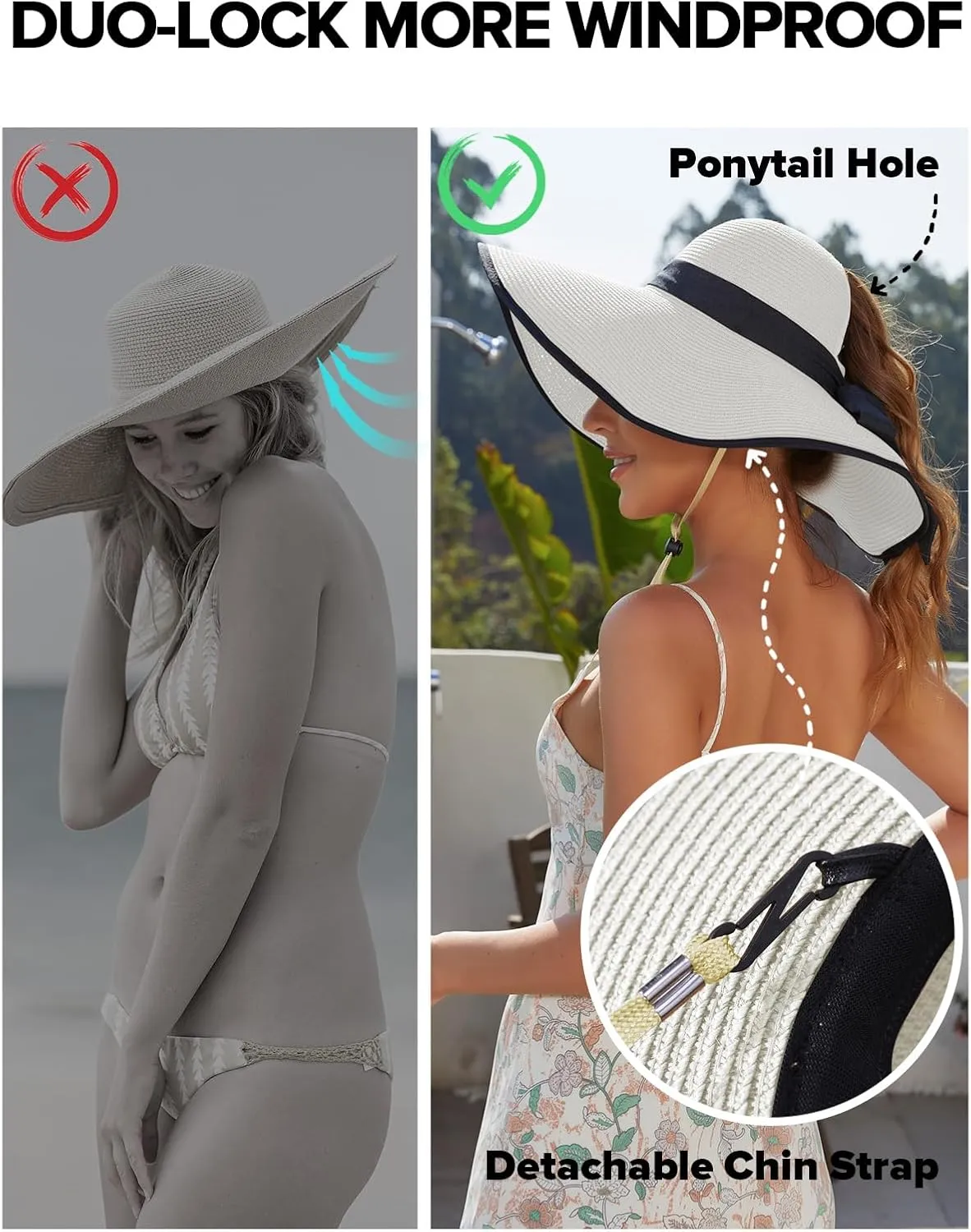 Sun Hats for Women with Ponytail Hole, Wide Brim Beach Hats for Women, Floppy Straw Hat Foldable, Packable Summer Hats Women