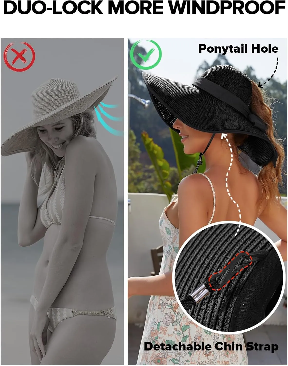 Sun Hats for Women with Ponytail Hole, Wide Brim Beach Hats for Women, Floppy Straw Hat Foldable, Packable Summer Hats Women