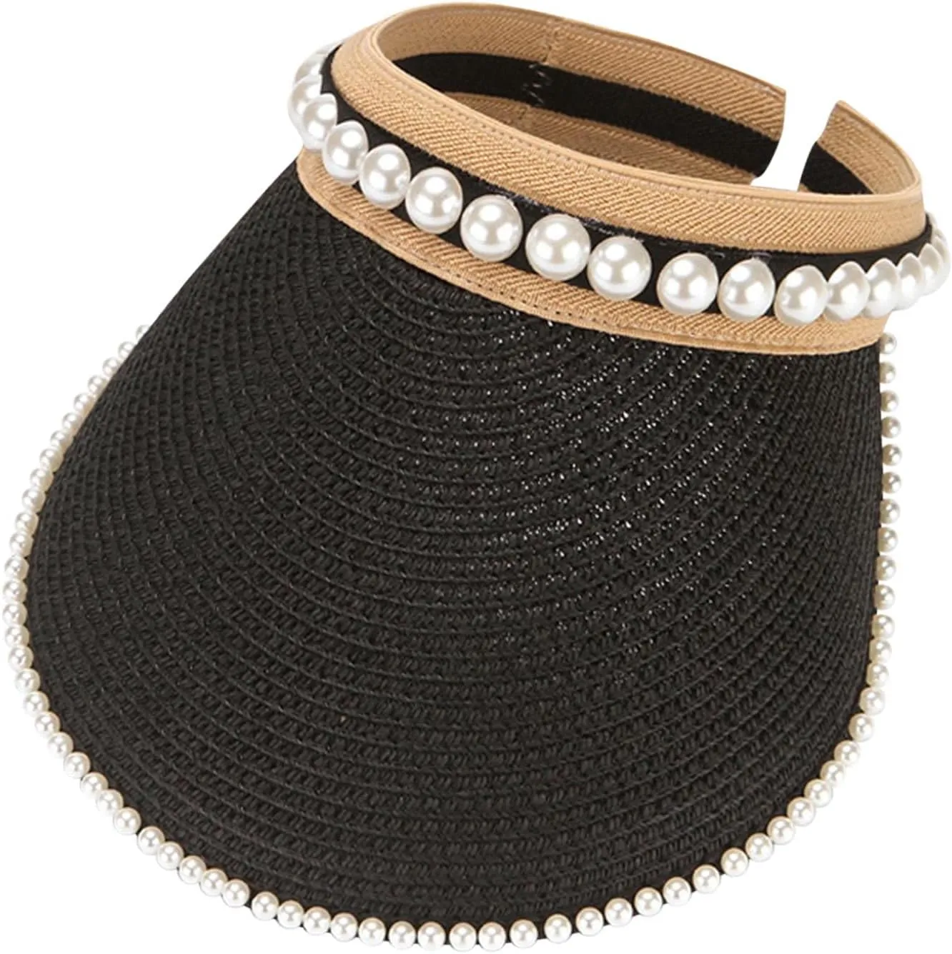 Sun Visor Hats for Women Faux Pearl Straw Visor Hat Summer Roll Up Ponytail Beach Visors Wide Brim Straw Beach Hat