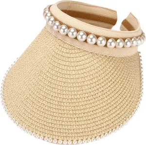 Sun Visor Hats for Women Faux Pearl Straw Visor Hat Summer Roll Up Ponytail Beach Visors Wide Brim Straw Beach Hat