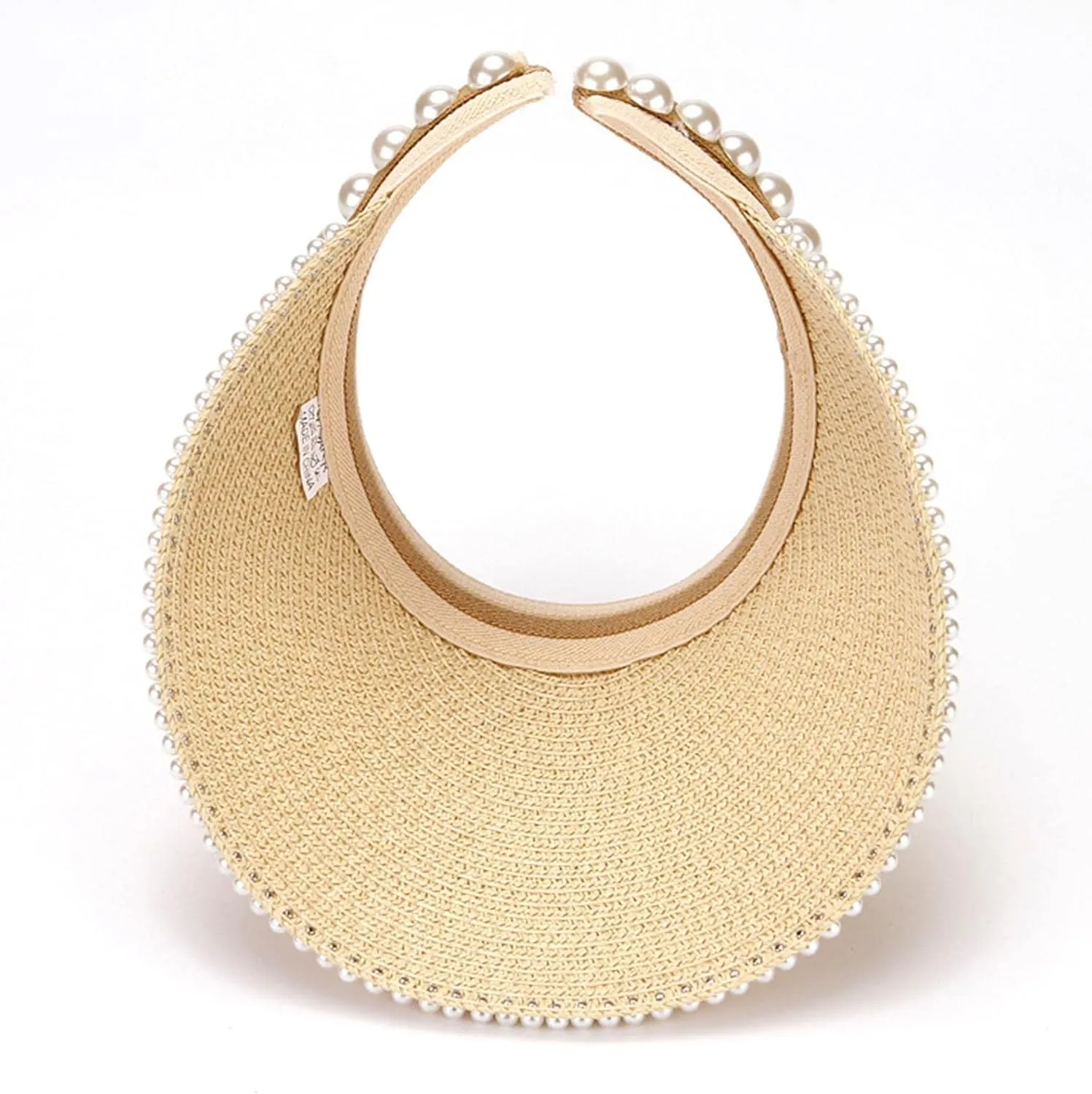 Sun Visor Hats for Women Faux Pearl Straw Visor Hat Summer Roll Up Ponytail Beach Visors Wide Brim Straw Beach Hat