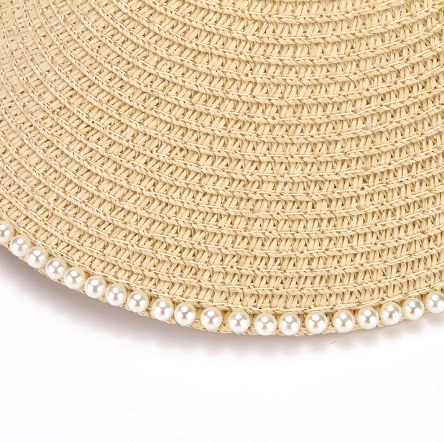 Sun Visor Hats for Women Faux Pearl Straw Visor Hat Summer Roll Up Ponytail Beach Visors Wide Brim Straw Beach Hat