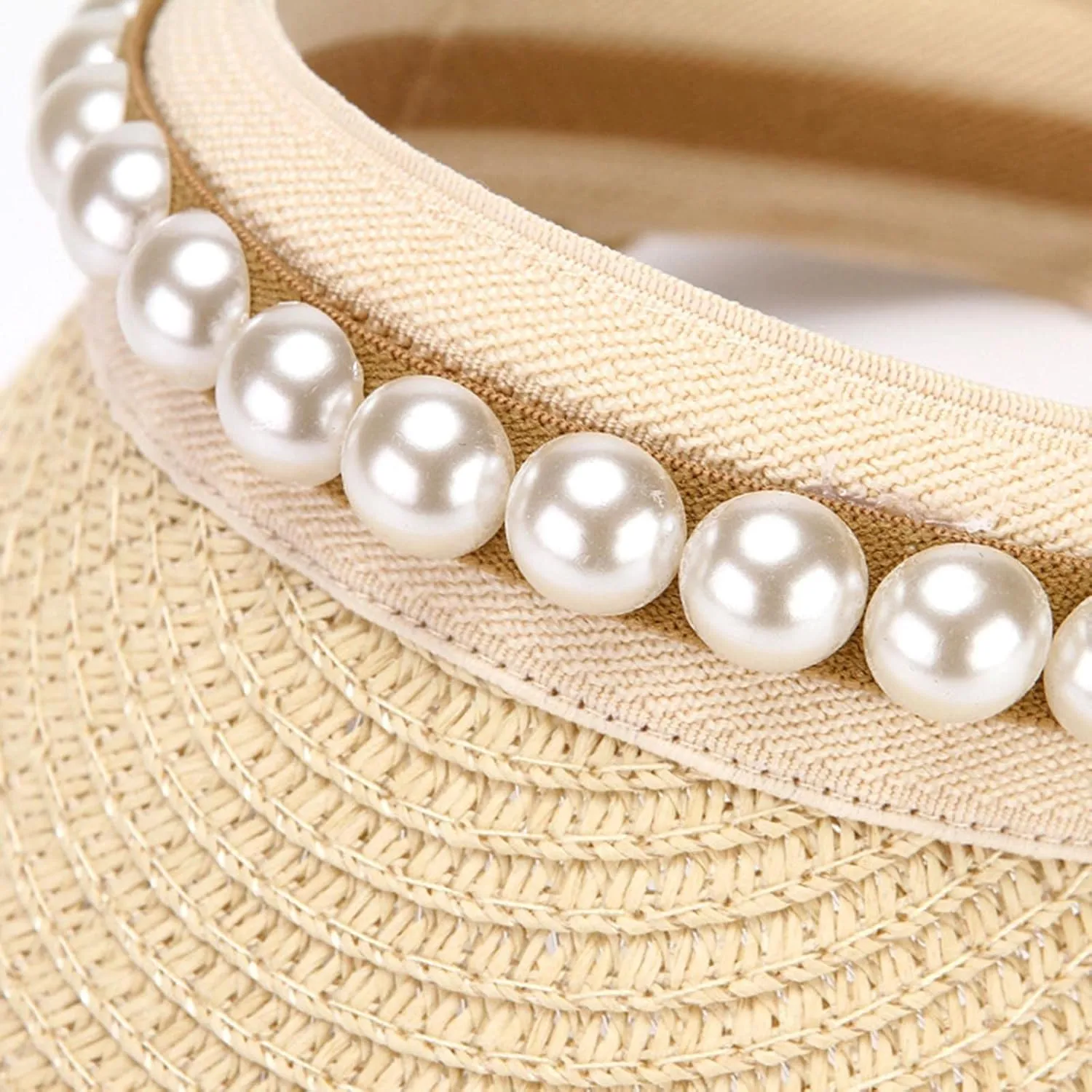 Sun Visor Hats for Women Faux Pearl Straw Visor Hat Summer Roll Up Ponytail Beach Visors Wide Brim Straw Beach Hat