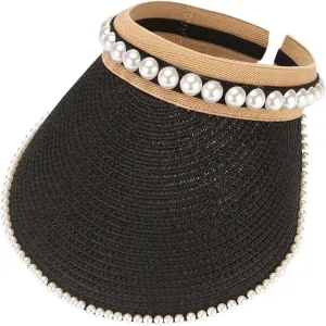 Sun Visor Hats for Women Faux Pearl Straw Visor Hat Summer Roll Up Ponytail Beach Visors Wide Brim Straw Beach Hat