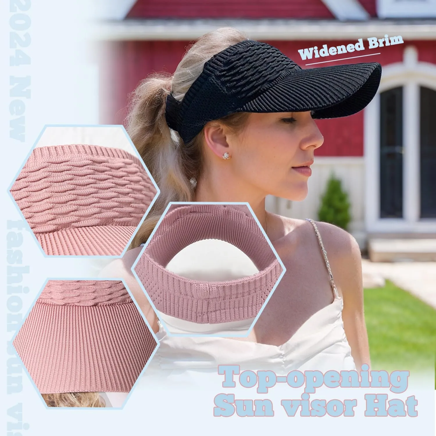 Sun Visor Hats, Wide Brim Sun Hats with UV Protection, Knitted Running Visors for Women - Ponytail Friendly, Quick Drying