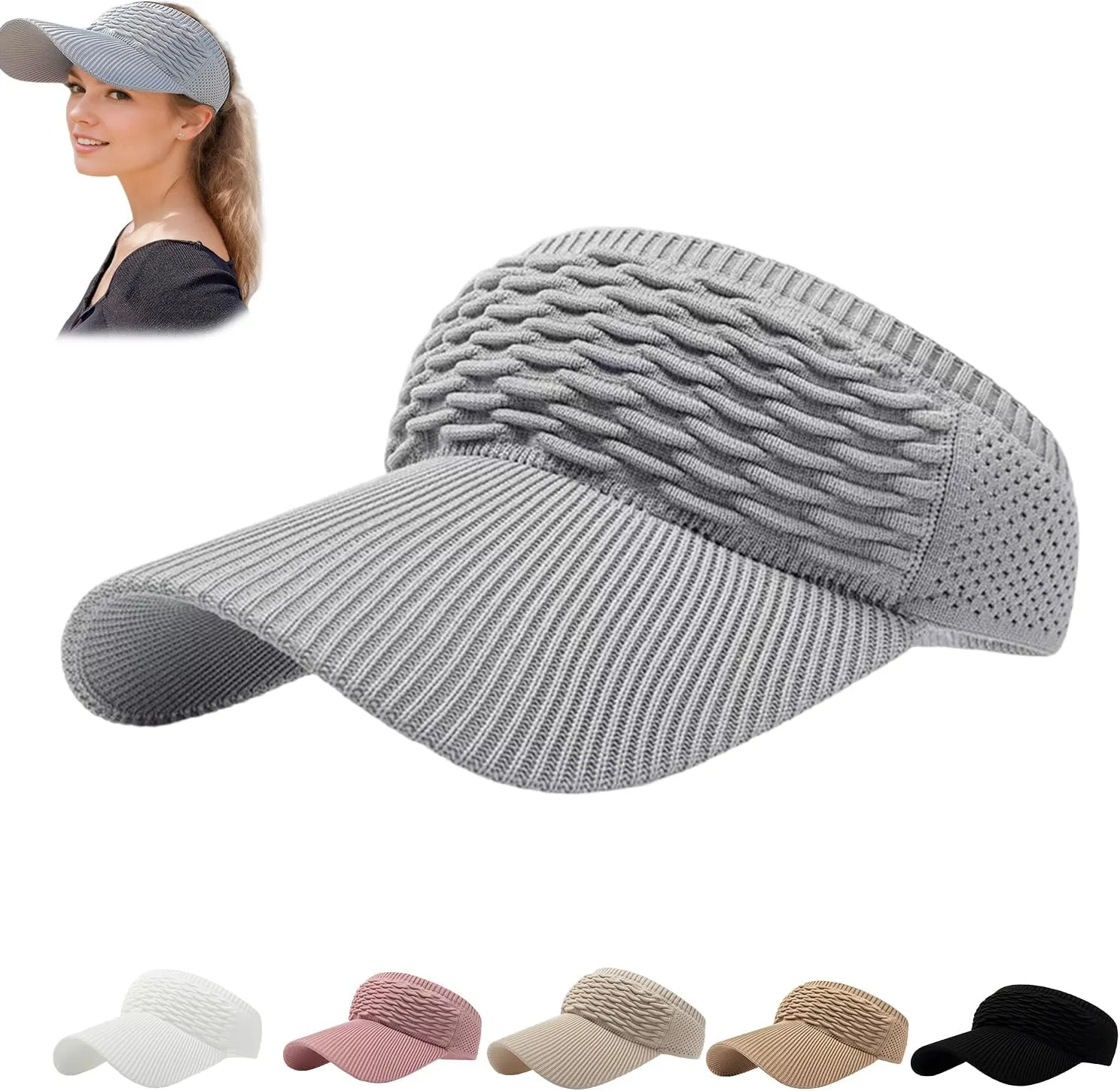 Sun Visor Hats, Wide Brim Sun Hats with UV Protection, Knitted Running Visors for Women - Ponytail Friendly, Quick Drying