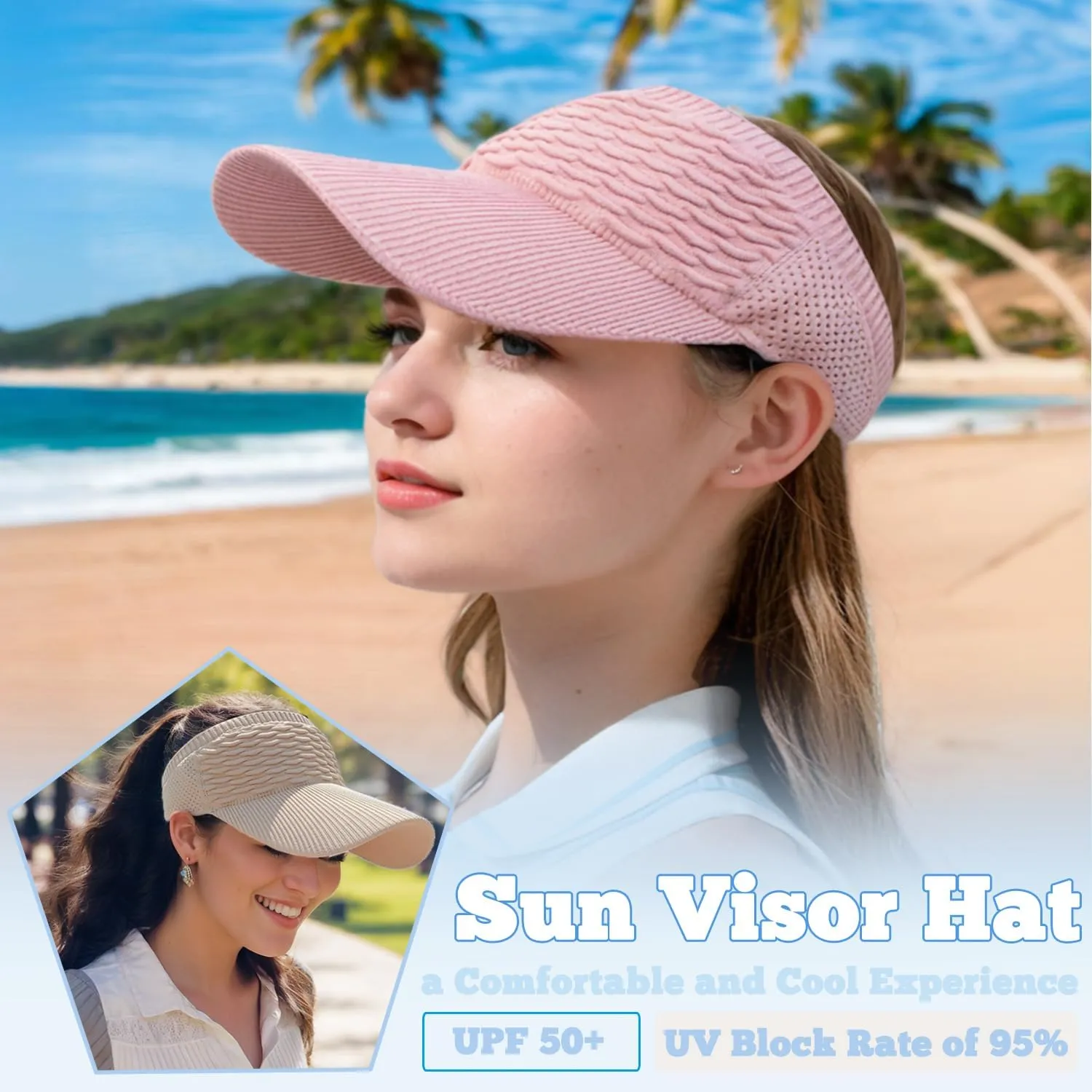 Sun Visor Hats, Wide Brim Sun Hats with UV Protection, Knitted Running Visors for Women - Ponytail Friendly, Quick Drying