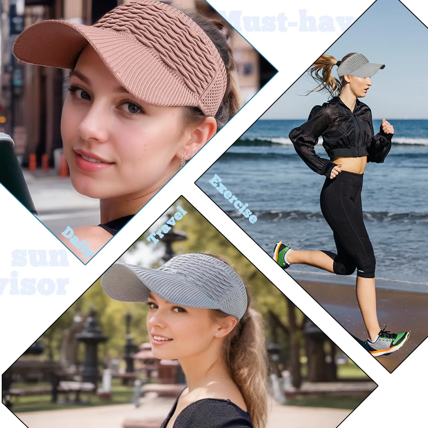 Sun Visor Hats, Wide Brim Sun Hats with UV Protection, Knitted Running Visors for Women - Ponytail Friendly, Quick Drying