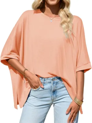 Tankaneo Womens Oversized Tshirts Batwing Short Sleeve Asymmetric Hem Tops Summer Casual Loose Fit Tunic Tee Shirts