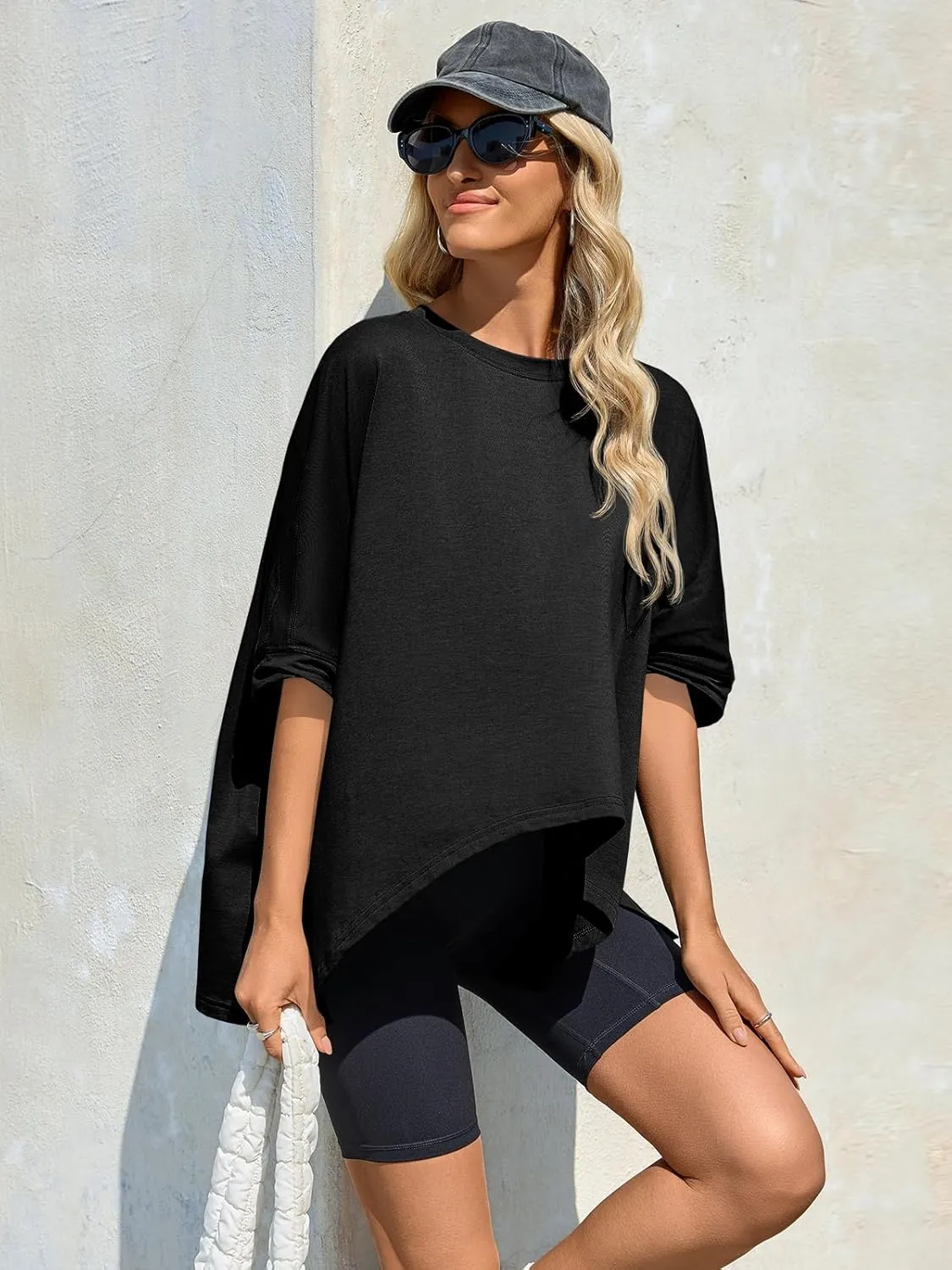 Tankaneo Womens Oversized Tshirts Batwing Short Sleeve Asymmetric Hem Tops Summer Casual Loose Fit Tunic Tee Shirts