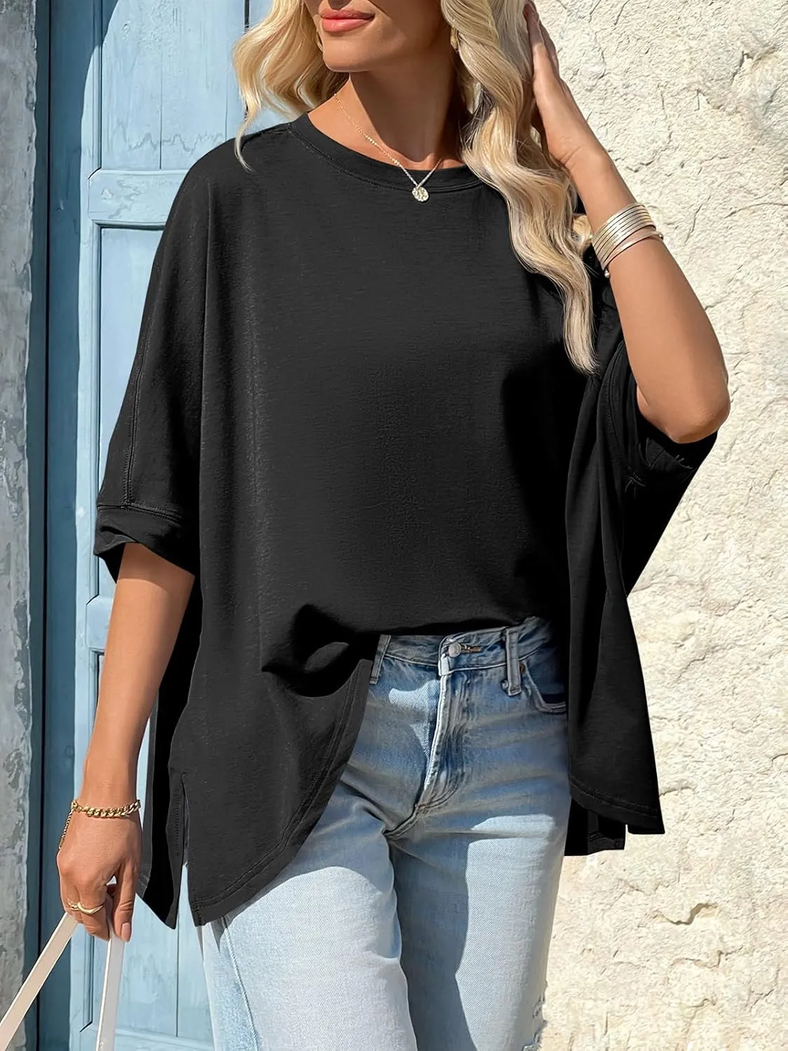 Tankaneo Womens Oversized Tshirts Batwing Short Sleeve Asymmetric Hem Tops Summer Casual Loose Fit Tunic Tee Shirts