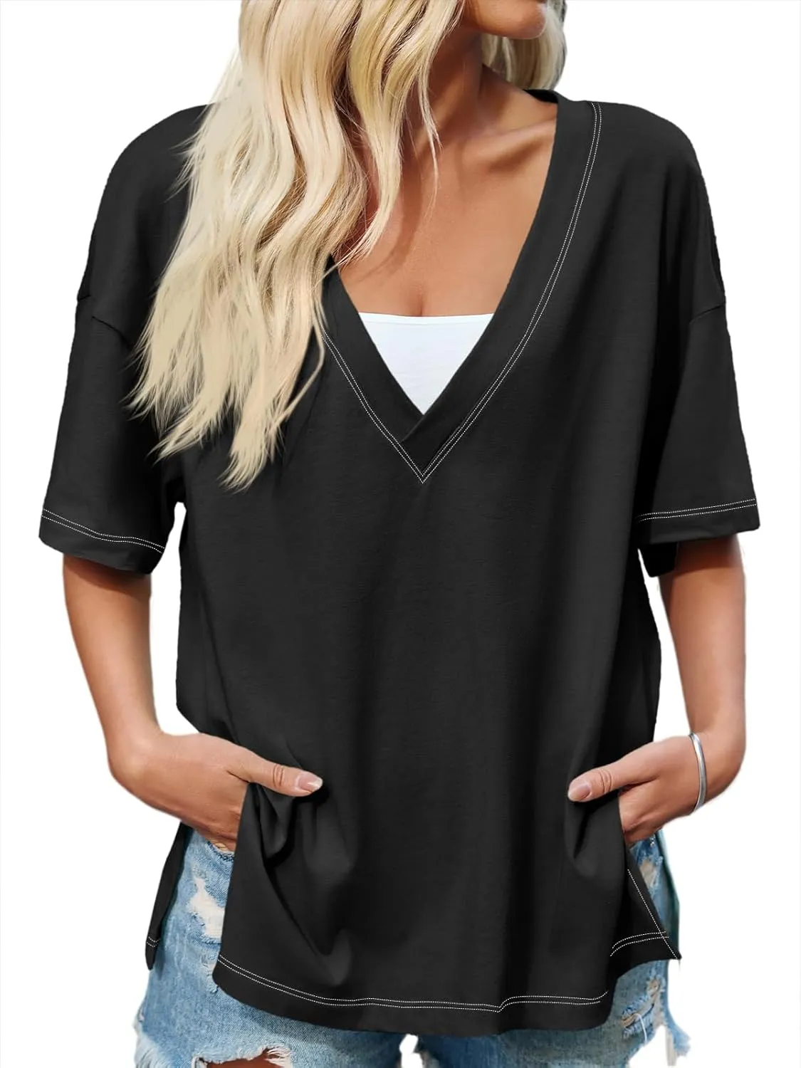 Tankaneo Womens Oversized Tshirts Deep V Neck Short Sleeve Tops Summer Casual Loose Fit Side Slit Tunic Shirts