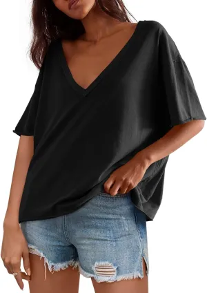 Tankaneo Womens Oversized Tshirts Deep V Neck Short Sleeve Tops Summer Casual Loose Fit Tunic Tee Shirt