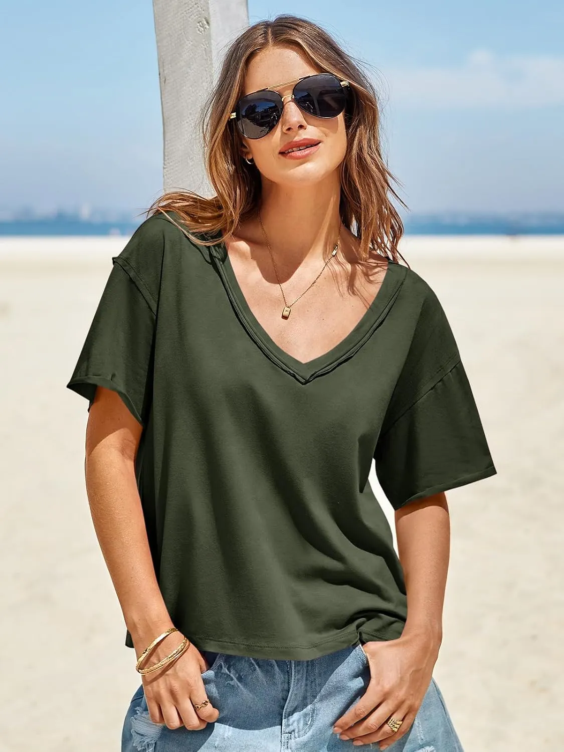 Tankaneo Womens Oversized Tshirts Deep V Neck Short Sleeve Tops Summer Casual Loose Fit Tunic Tee Shirt