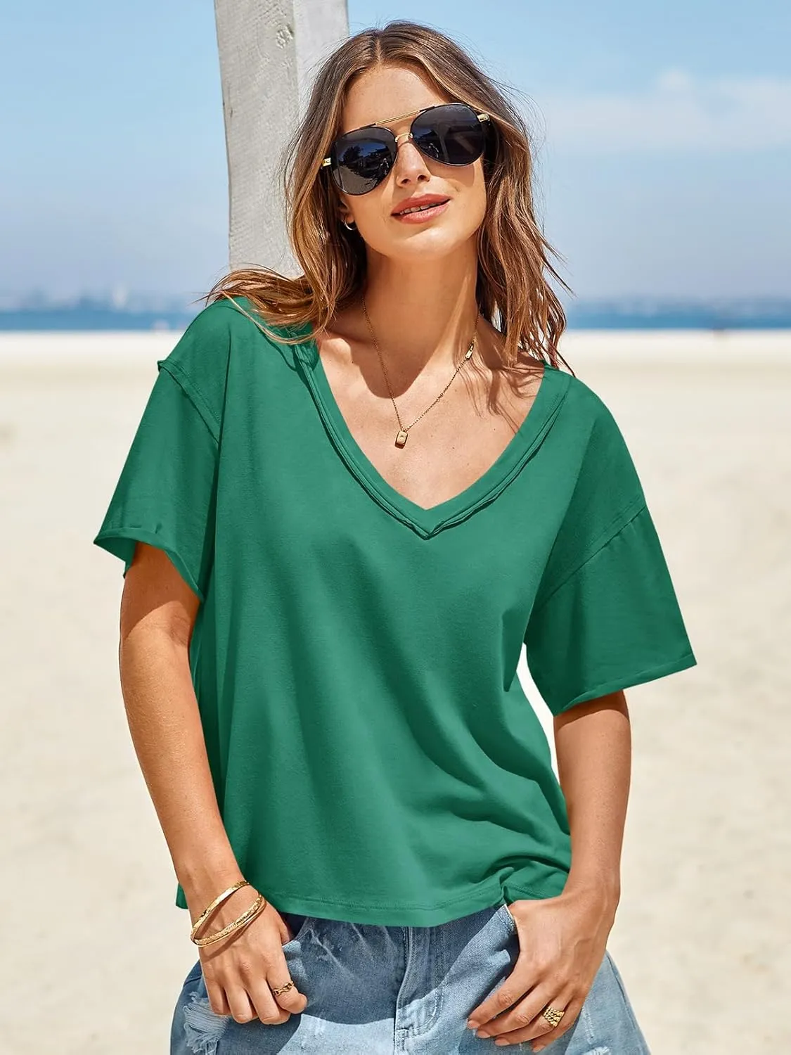 Tankaneo Womens Oversized Tshirts Deep V Neck Short Sleeve Tops Summer Casual Loose Fit Tunic Tee Shirt