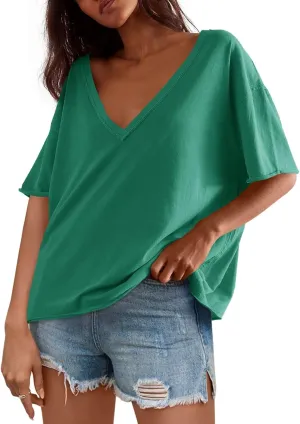 Tankaneo Womens Oversized Tshirts Deep V Neck Short Sleeve Tops Summer Casual Loose Fit Tunic Tee Shirt