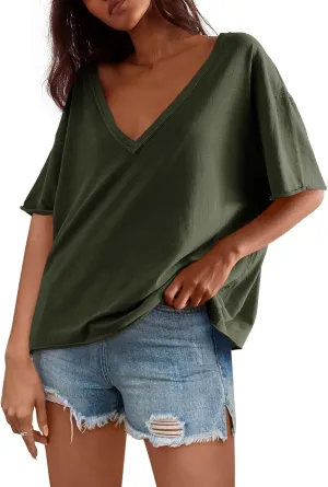 Tankaneo Womens Oversized Tshirts Deep V Neck Short Sleeve Tops Summer Casual Loose Fit Tunic Tee Shirt