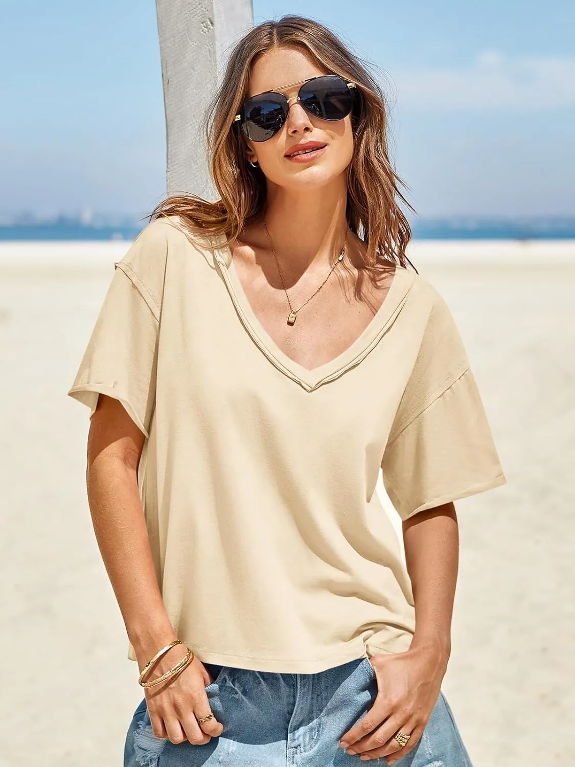 Tankaneo Womens Oversized Tshirts Deep V Neck Short Sleeve Tops Summer Casual Loose Fit Tunic Tee Shirt