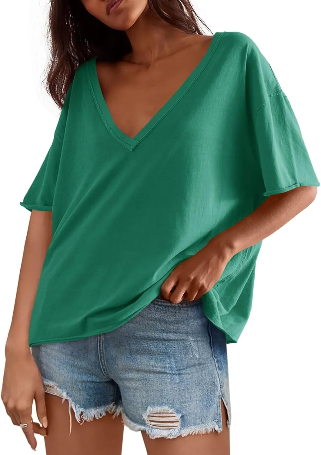 Tankaneo Womens Oversized Tshirts Deep V Neck Short Sleeve Tops Summer Casual Loose Fit Tunic Tee Shirt