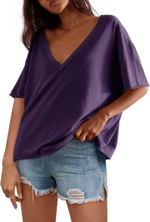 Tankaneo Womens Oversized Tshirts Deep V Neck Short Sleeve Tops Summer Casual Loose Fit Tunic Tee Shirt