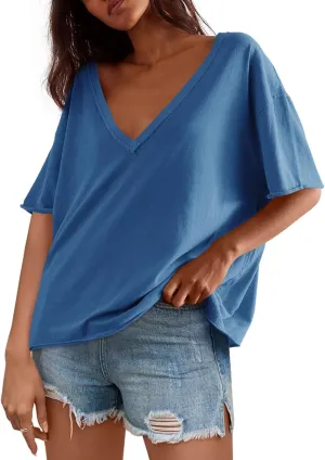 Tankaneo Womens Oversized Tshirts Deep V Neck Short Sleeve Tops Summer Casual Loose Fit Tunic Tee Shirt