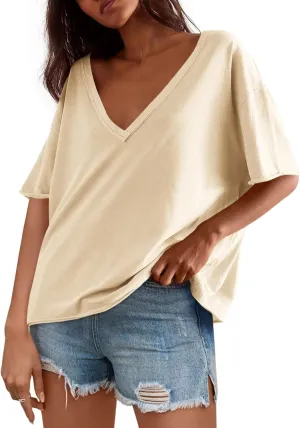 Tankaneo Womens Oversized Tshirts Deep V Neck Short Sleeve Tops Summer Casual Loose Fit Tunic Tee Shirt
