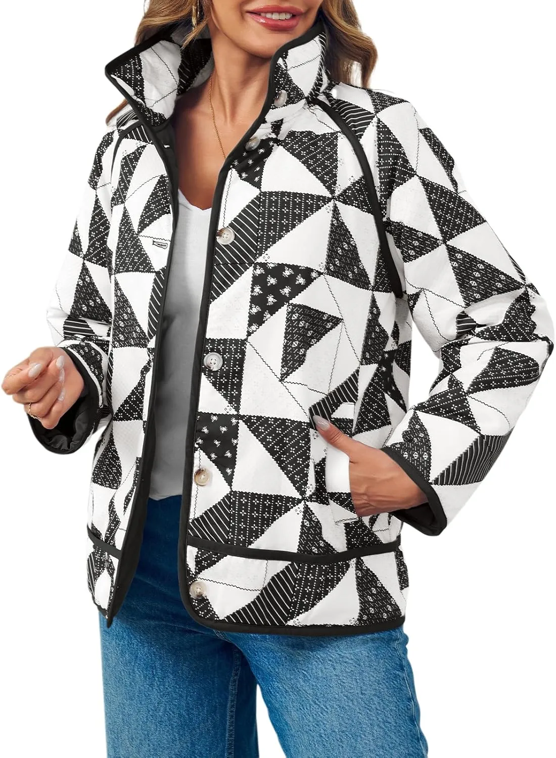 Tankaneo Womens Quilted Puffer Jacket Patchwork Lightweight Padded Puffy Down Coat Outerwear