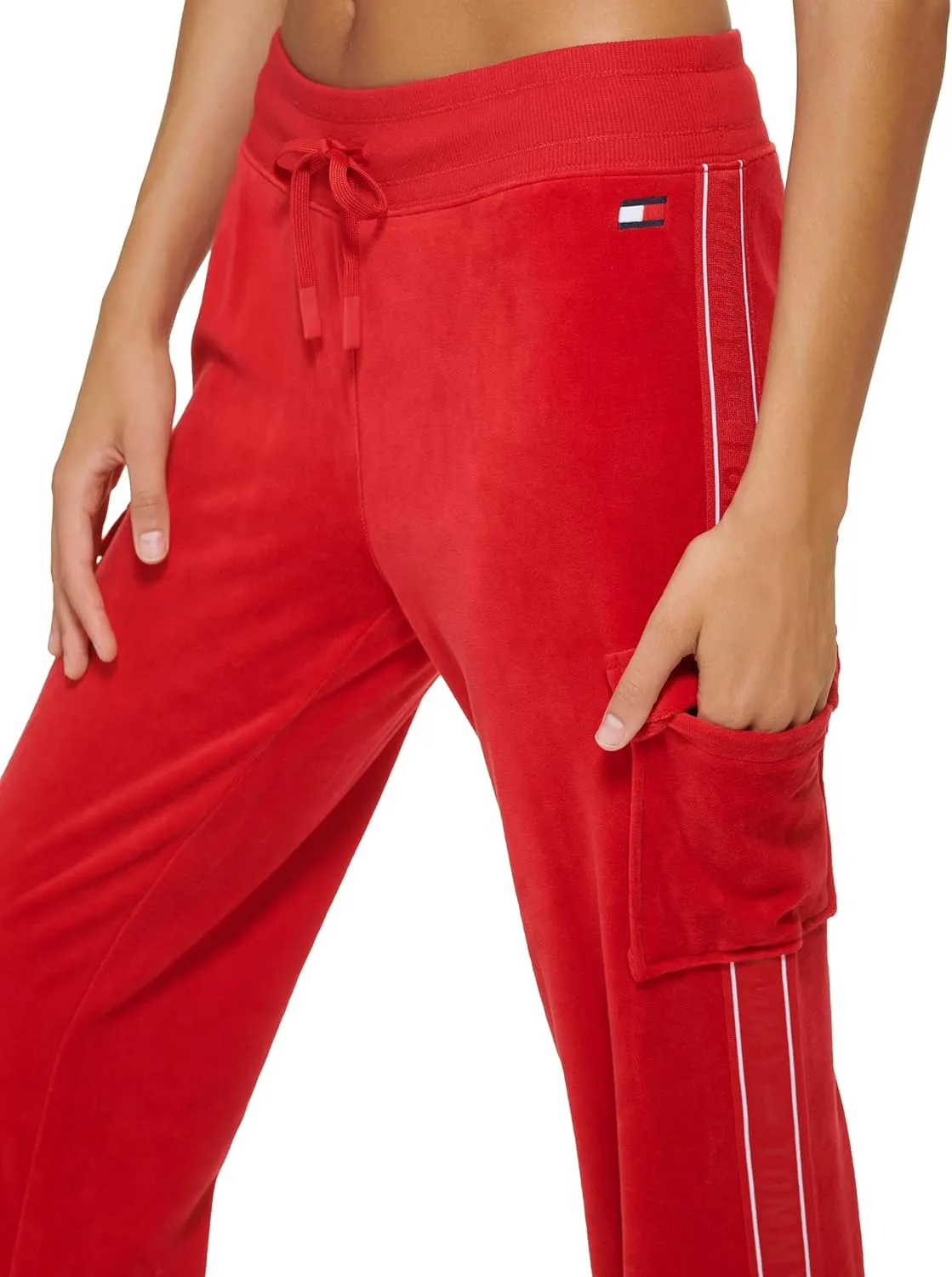 Tommy Hilfiger Women's Velour Fabric Cargo Pockets Jogger Rib Waistband With Drawcord Ghost Debossed Logo Taping