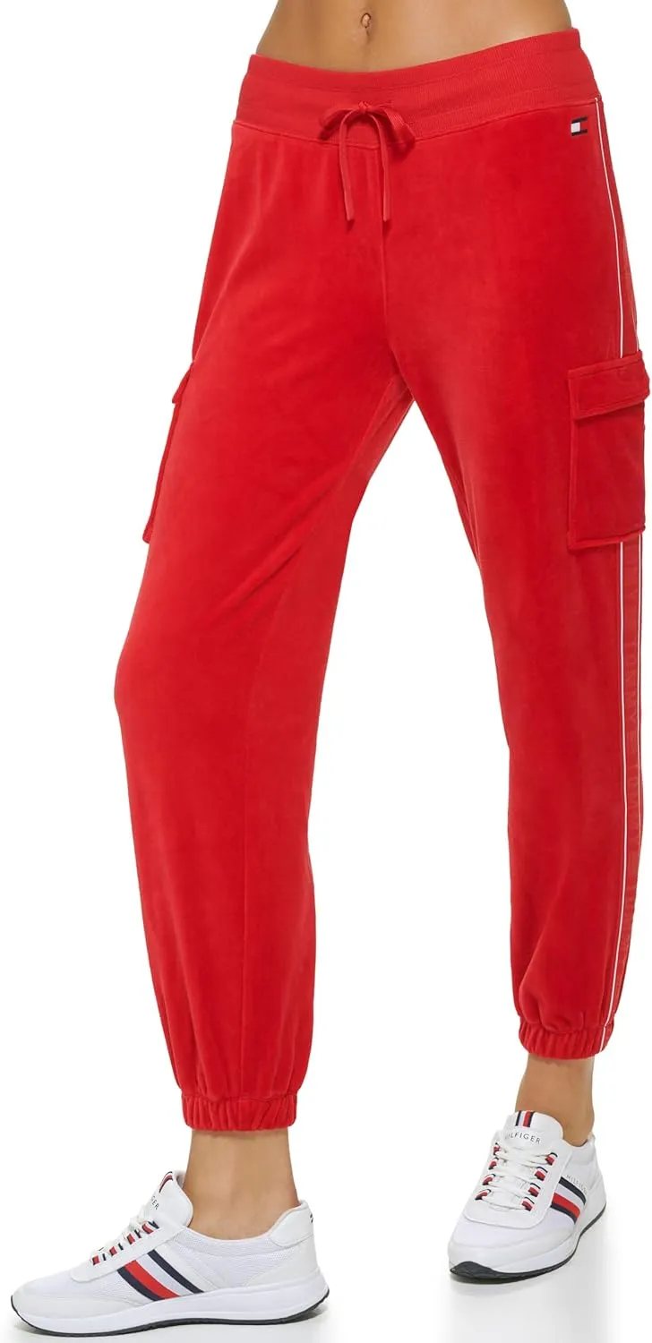 Tommy Hilfiger Women's Velour Fabric Cargo Pockets Jogger Rib Waistband With Drawcord Ghost Debossed Logo Taping