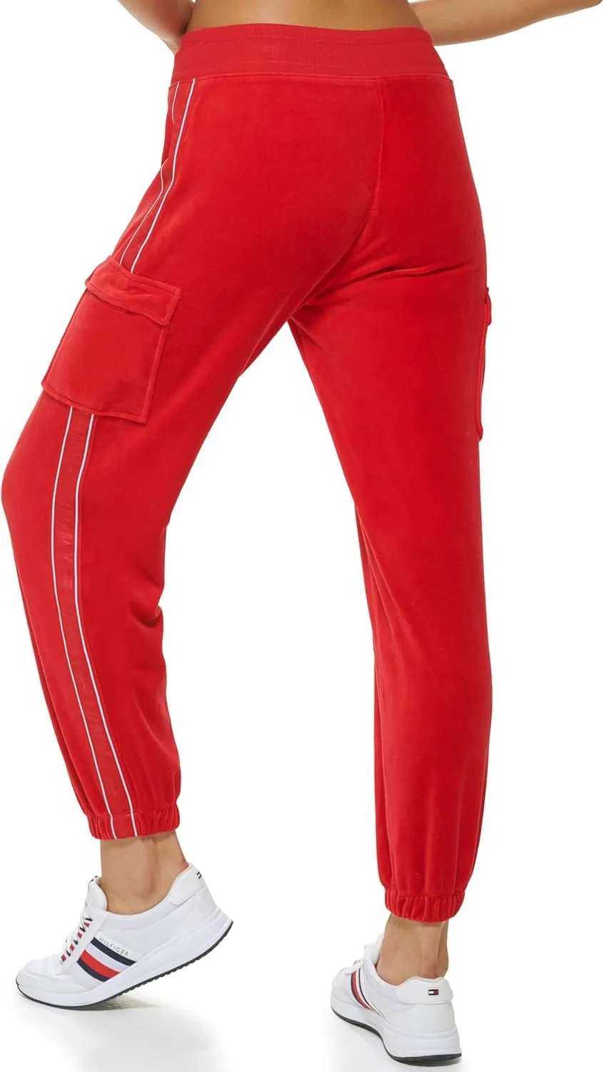 Tommy Hilfiger Women's Velour Fabric Cargo Pockets Jogger Rib Waistband With Drawcord Ghost Debossed Logo Taping