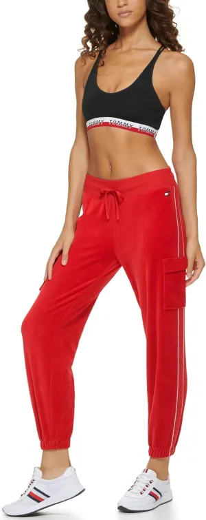 Tommy Hilfiger Women's Velour Fabric Cargo Pockets Jogger Rib Waistband With Drawcord Ghost Debossed Logo Taping