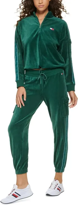 Tommy Hilfiger Women's Velour Fabric Cargo Pockets Jogger Rib Waistband With Drawcord Ghost Debossed Logo Taping