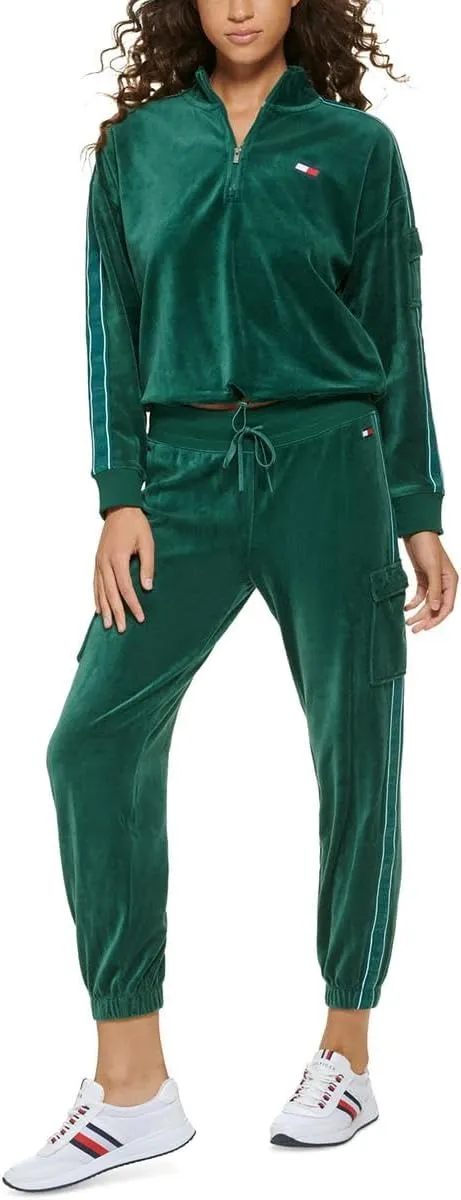 Tommy Hilfiger Women's Velour Fabric Cargo Pockets Jogger Rib Waistband With Drawcord Ghost Debossed Logo Taping