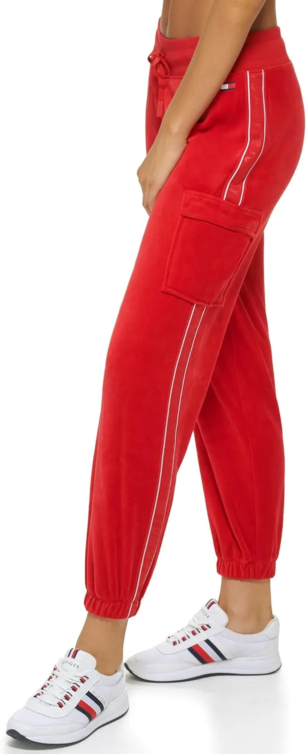 Tommy Hilfiger Women's Velour Fabric Cargo Pockets Jogger Rib Waistband With Drawcord Ghost Debossed Logo Taping