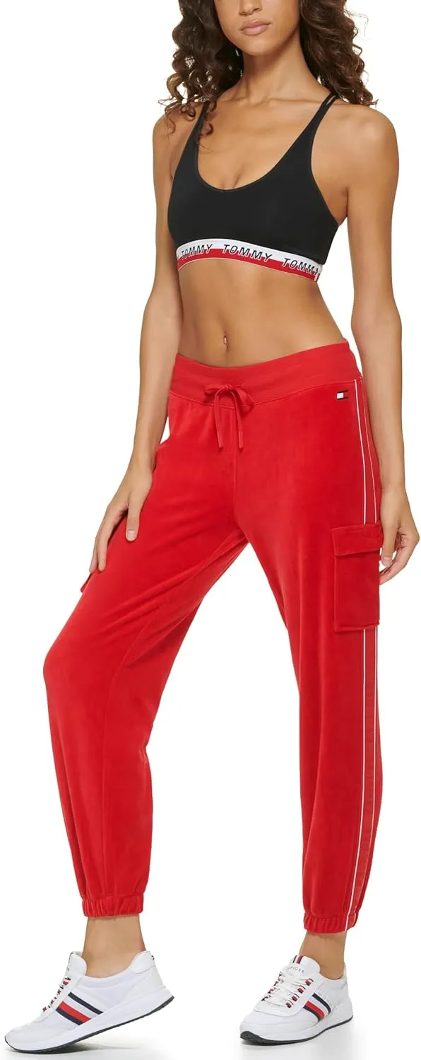 Tommy Hilfiger Women's Velour Fabric Cargo Pockets Jogger Rib Waistband With Drawcord Ghost Debossed Logo Taping