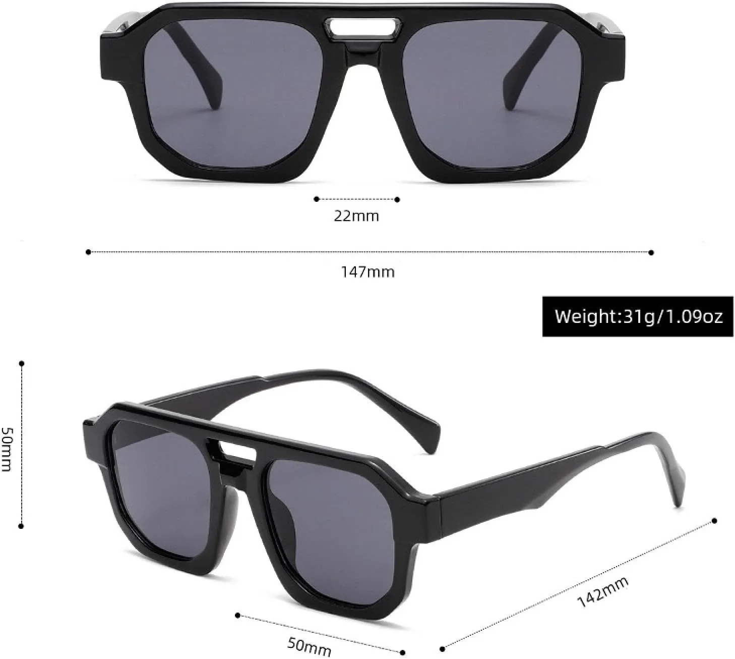 Trendy Sunglasses Vintage Shades Women Men Double Bridge Eyewear Fashion Uv400 Protection Retro