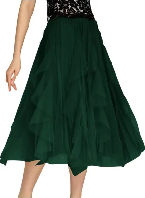Tulle Skirts for Women Elastic Waist Midi Skirts Summer Flowy Skirts Puffy Tiered Skirt Trendy A Line Mesh Skirts