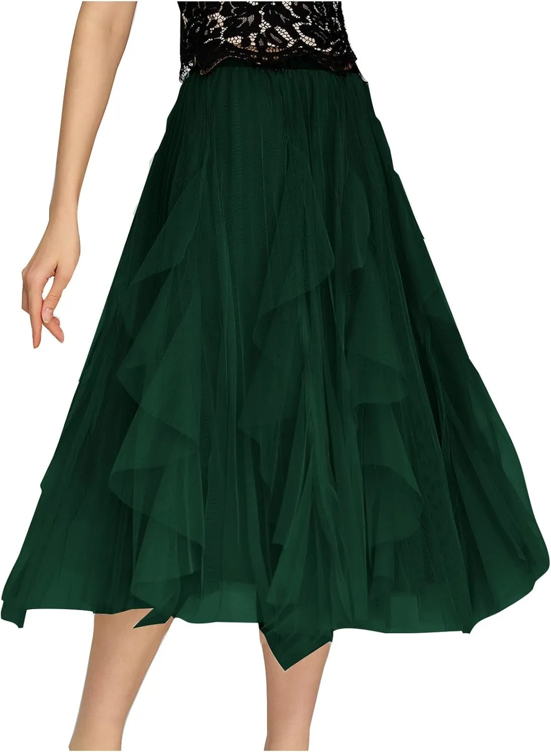 Tulle Skirts for Women Elastic Waist Midi Skirts Summer Flowy Skirts Puffy Tiered Skirt Trendy A Line Mesh Skirts