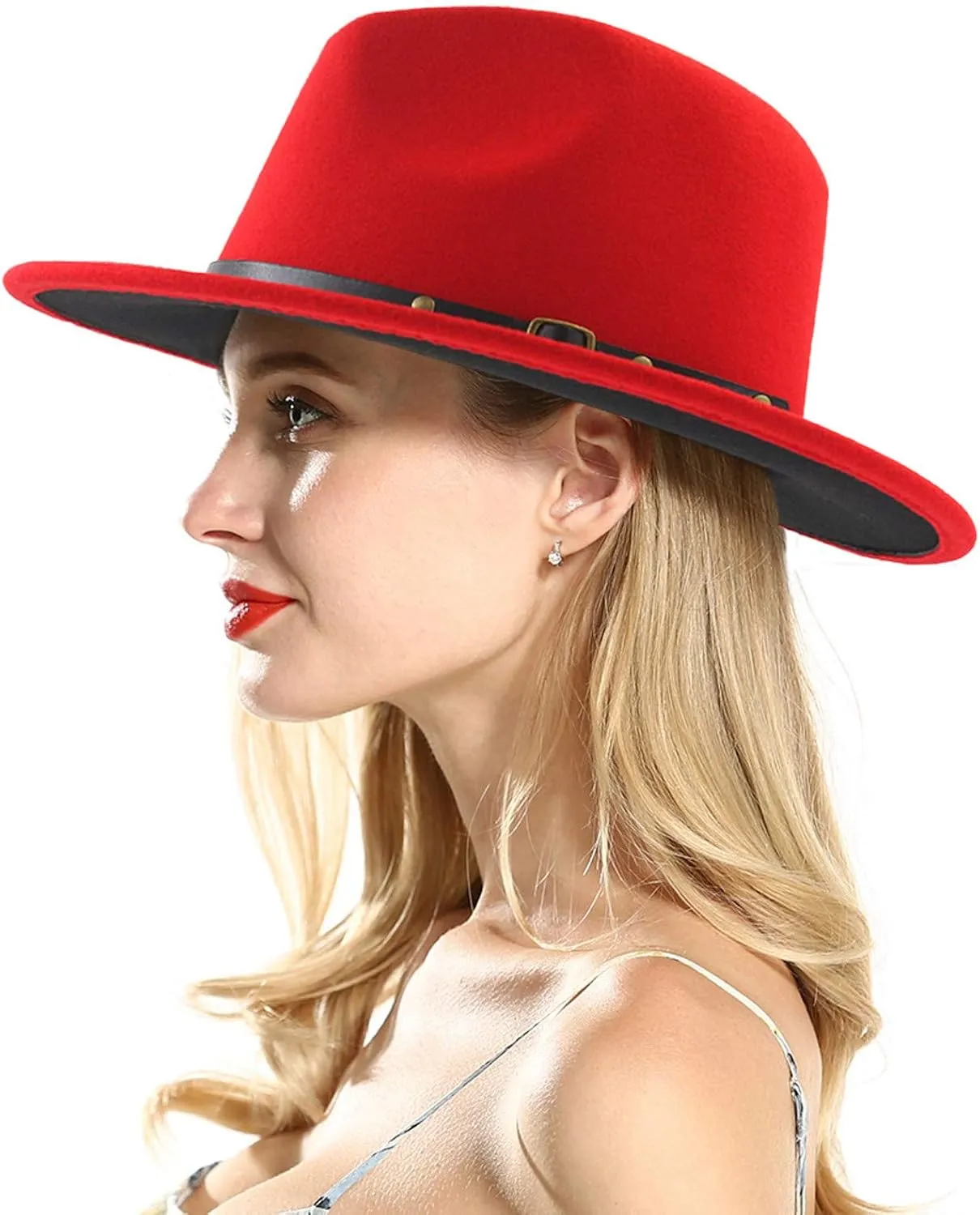 Two Tone Red Bottom Wide Brim Wool Felt Fedora Hat Unisex Floppy Panama Hat Cowboy Cap Sunhat Casual Jazz Hats for Men Women