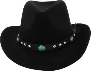 Unisex Classic Cowboy Hat with Belt Buckle Vintage Felt Wide Brim Western Cowgirl Cap Formal Cowboy Costume Accessories