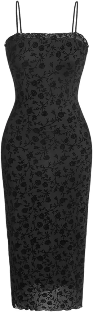 Verdusa Women's Floral Print Mesh Lettuce Trim Sleeveless Bodycon Long Cami Dress