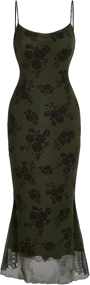 Verdusa Women's Floral Print Mesh Lettuce Trim Sleeveless Bodycon Long Cami Dress