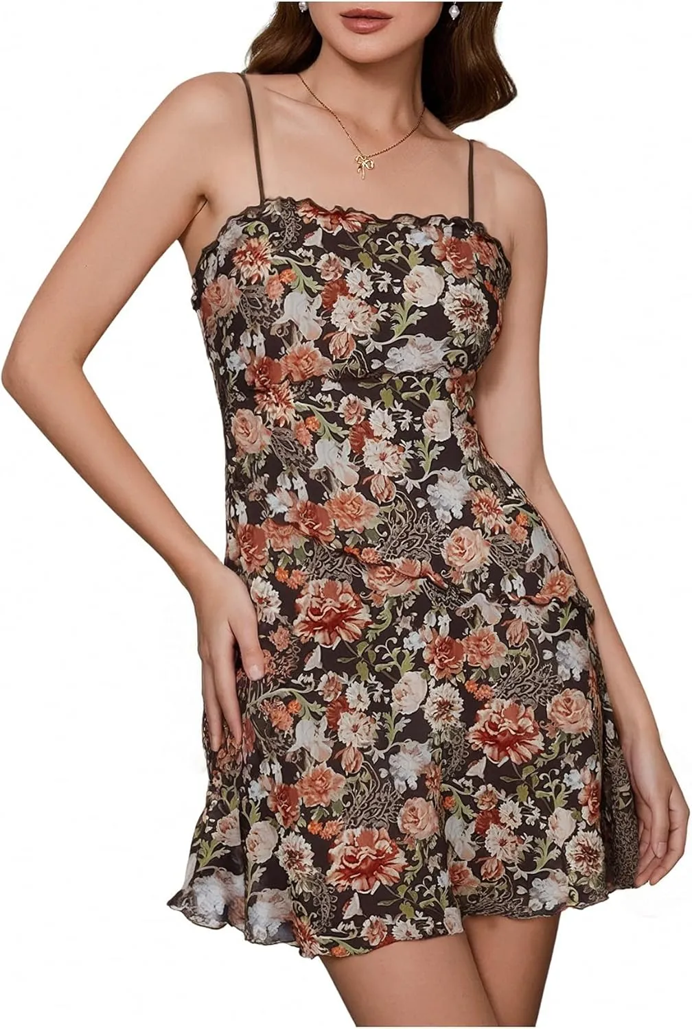 Verdusa Women's Lettuce Trim Floral Print Mesh Sleeveless A Line Short Cami Dress