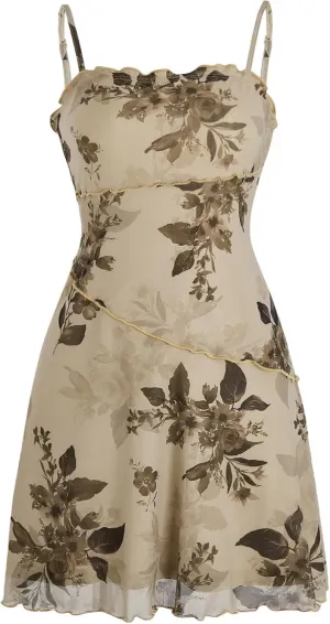 Verdusa Women's Lettuce Trim Floral Print Mesh Sleeveless A Line Short Cami Dress