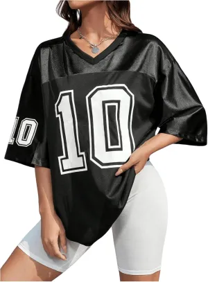 Verdusa Women's Oversized Jersey Shirt Graphic Tees V Neck Short Sleeve Vintage T Shirts Black Large