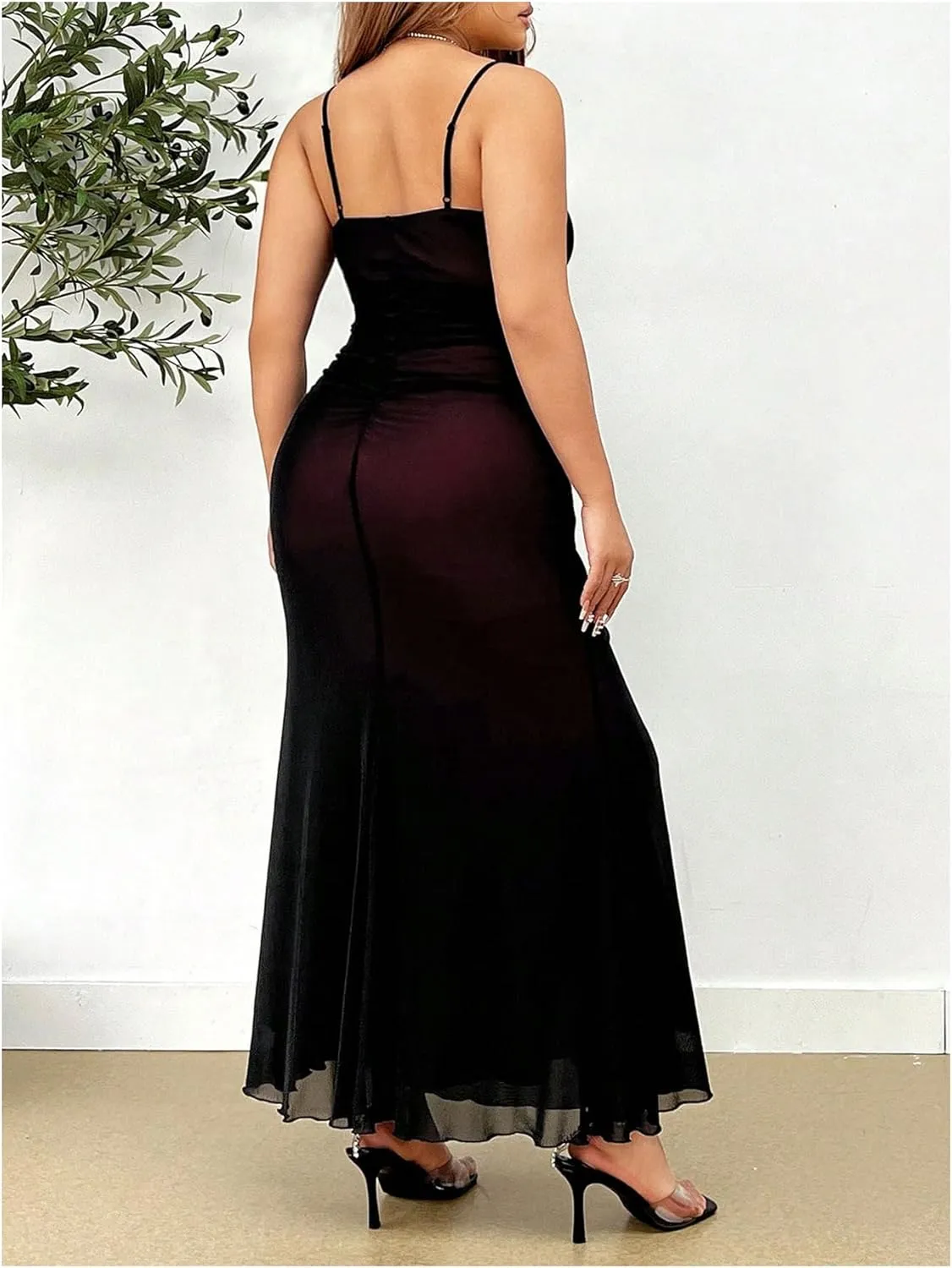 Verdusa Women's Plus Size Sleeveless Mesh Fishtail Bodycon Maxi Cami Dress