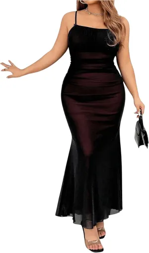 Verdusa Women's Plus Size Sleeveless Mesh Fishtail Bodycon Maxi Cami Dress