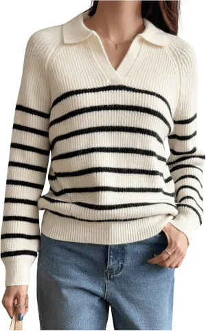 Verdusa Women's Striped V Neck Collared Pullover Sweaters Long Sleeve Knit Tops