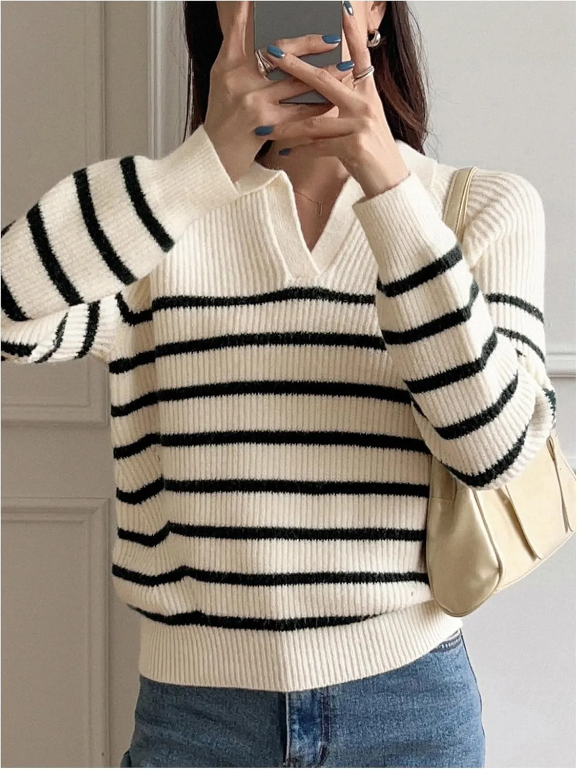 Verdusa Women's Striped V Neck Collared Pullover Sweaters Long Sleeve Knit Tops