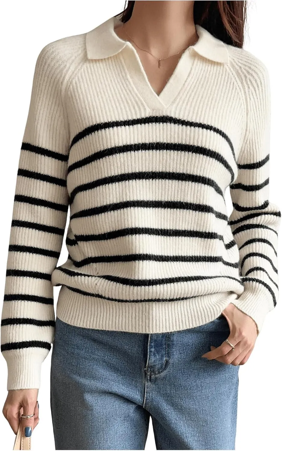 Verdusa Women's Striped V Neck Collared Pullover Sweaters Long Sleeve Knit Tops